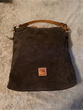 Dooney & Bourke Dark Brown Suede Messenger Bag with Tan Leather Trim
